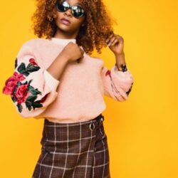 Outfit - Women's Pink Sweatshirt and Brown Plaid Skirt